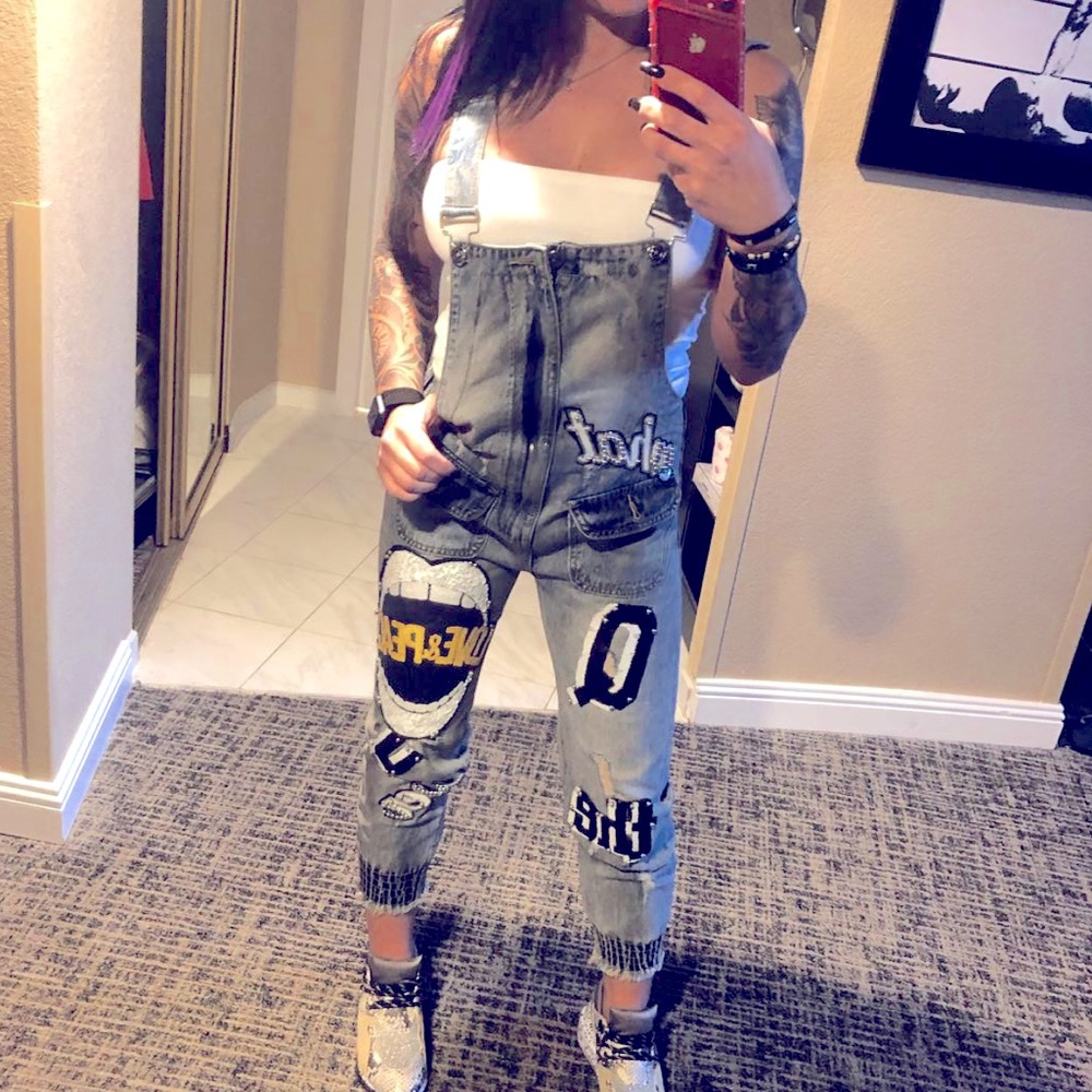 Like New! THE CUTEST Street style distressed denim overalls with sequin patches